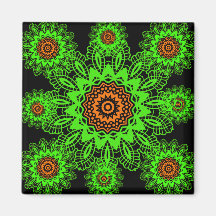 Lime Green Orange Black Lace Doily Mandala Snowfla Refrigerator Magnet