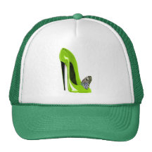 Lime green stiletto shoe and butterfly mesh hats