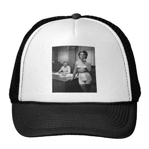 Lingerie model smoking in an office mesh hat