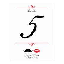 Lips & Moustache Damask Wedding Table Number Post Card
