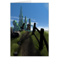 Little Red Robot Walking Over a Hill Card cards