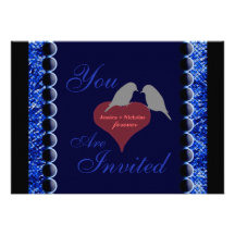 Love Birds and Hearts Blue Wedding Invitation