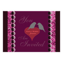 Love Birds and Hearts Purple Wedding Invitation