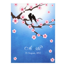 Love birds and Sakura - Blue Background Custom Announcements