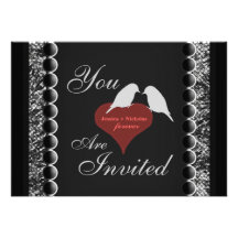 Love Birds Hearts Black and White Wedding Invite