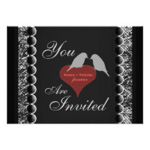 Love Birds Hearts Black White Wedding Invites