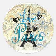 LOVE PARIS POSTAGE STAMP PRINT ROUND STICKER