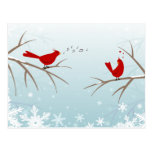 Lovebirds on snowy branches postcard