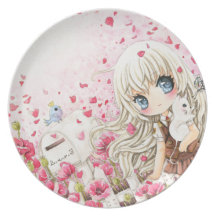 Lovely girl with white cat on flowers garden dinner plates