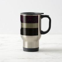 Magenta on Black Damask with Stripes and Monogram Coffee Mugs