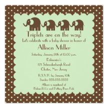 Mama & Triplets Elephant Baby Shower Custom Invitations