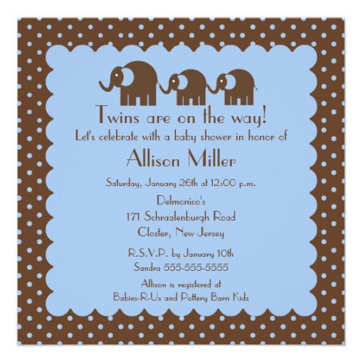 Mama & Twin Baby Elephants Boy Baby Shower Invitations