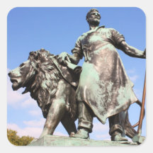 Man and lion statues square stickers