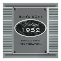 Mans Vintage 60th Silver Metal Black Birthday Invite