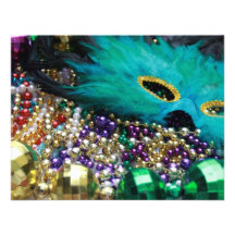 Mardi Gras Beads & Green Feather Mask Invitation