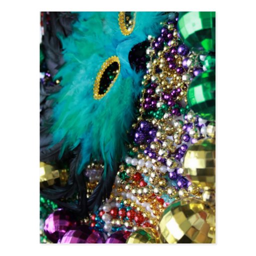Mardi Gras Beads & Green Feather Mask Postcard