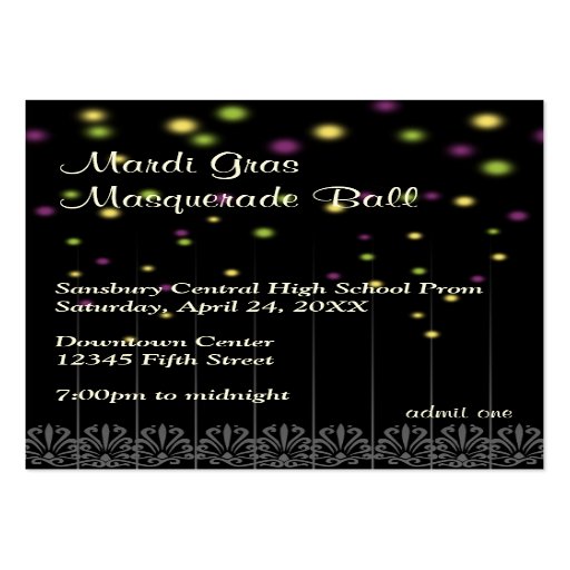Mardi Gras masquerade prom bid admission ticket Business Card Template