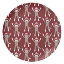 Maroon Sock Monkey Print Dinner Plates