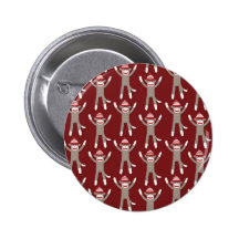 Maroon Sock Monkey Print Pinback Buttons