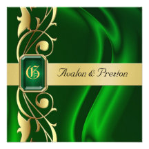 Marquis Green Silk Gold Scroll Emerald Invitation
