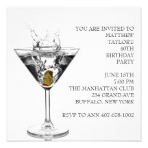 Martini Glass Mans 40th Birthday Party Custom Announcement