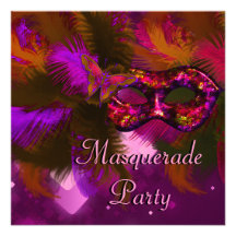 Masquerade Party Mask Black Purple Red Mardi Gras Personalized Invitation