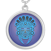 Mayan Mask Design, Blue Custom Necklace