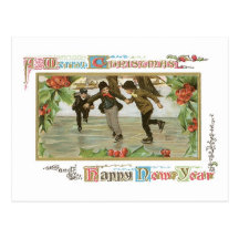 Merry Christmas! Children Ice Skating on a Lake Postcard