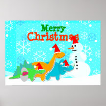Merry Christmas Snowman & Dinosaurs Poster