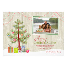 Merry Christmas tree wood plank holiday photo card Announcements