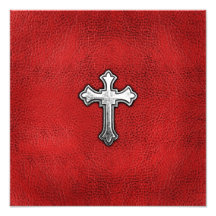 Metal Cross on Red Leather Photographic Print