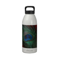 Metallic Red Peacock Feather Close Up water bottles