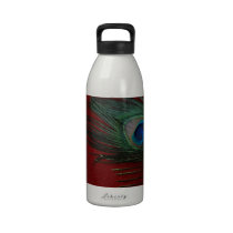 Metallic Red Peacock Feather Still Life water bottles