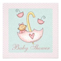 Mint Green Pink Umbrella Baby Girl Shower Custom Announcements