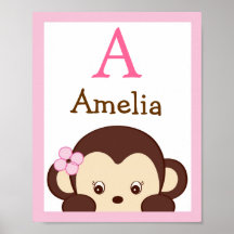 Mod Girl Monkey Nursery Wall Art Name Print