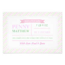 Modern Pink & Green Stripes Birth Announcement