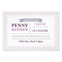 Modern Purple Stripes Birth Announcement