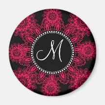 Mongram Black Hot Pink Fuchsia Lace Snowflake Magnets