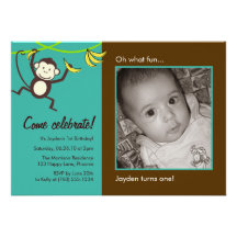 Monkey Photo Invitations, brown and teal