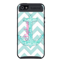 Monogram Aqua Glitter Anchor Teal Chevron pattern Cases For iPhone 5