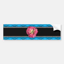 Monogram blue damask pink rose bumper sticker