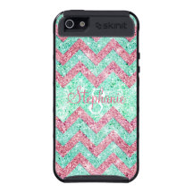 Monogram Chevron Pattern Pink Teal Glitter Photo iPhone 5 Cover