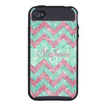 Monogram Chevron Pattern Pink Teal Glitter Photo iPhone 4 Case