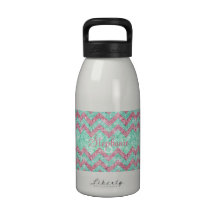 Monogram Chevron Pattern Pink Teal Glitter Photo Water Bottles