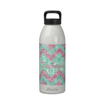 Monogram Chevron Pattern Pink Teal Glitter Photo Water Bottles