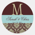 Monogram Damask Brown Blue Wedding Seal Round Sticker