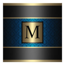 Monogram Damask Royal Blue, Black and Gold Custom Announcements