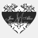 Monogram Damask Wedding Favour Sticker Heart Shape