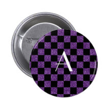 Monogram glitter purple and black checkered button