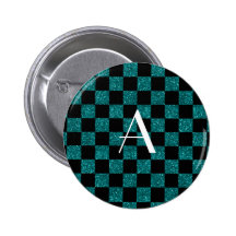 Monogram glitter turquoise and black checkered pinback button